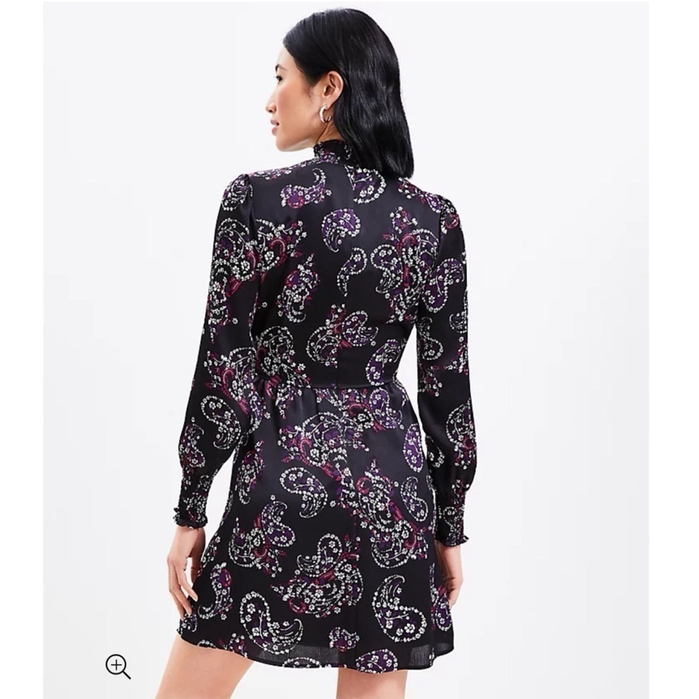 LOFT Paisley Smocked Flared Long Sleeve Floral Dress Black Purple White 8 - Picture 3 of 13